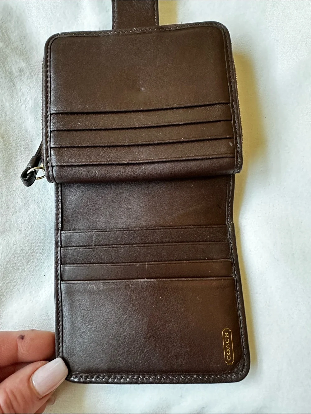 Coach Signature Stripe Bifold Wallet Brown Khaki Canvas Leather Snap Zip Wallet